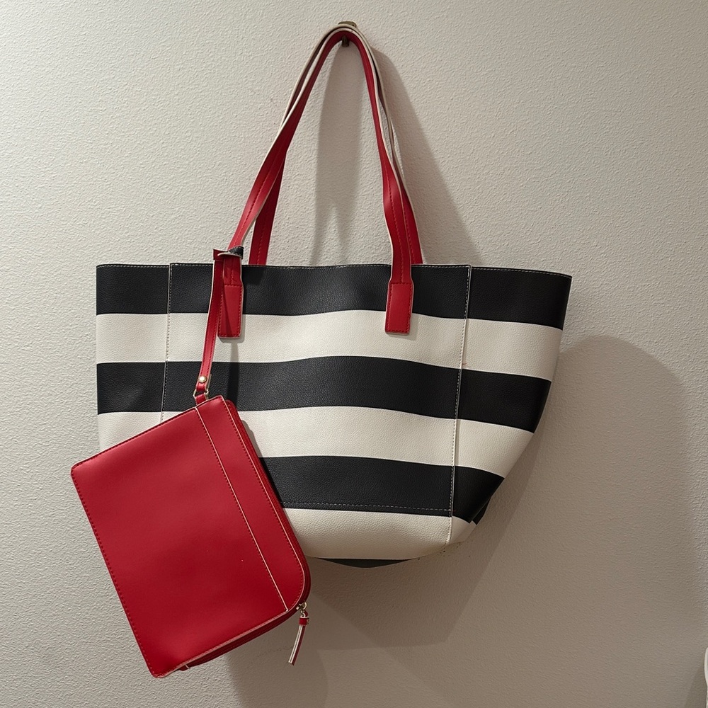 Striped Black and White Tote with Red Accents
